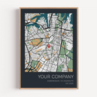 Custom company anniversary map print showing the business founding location