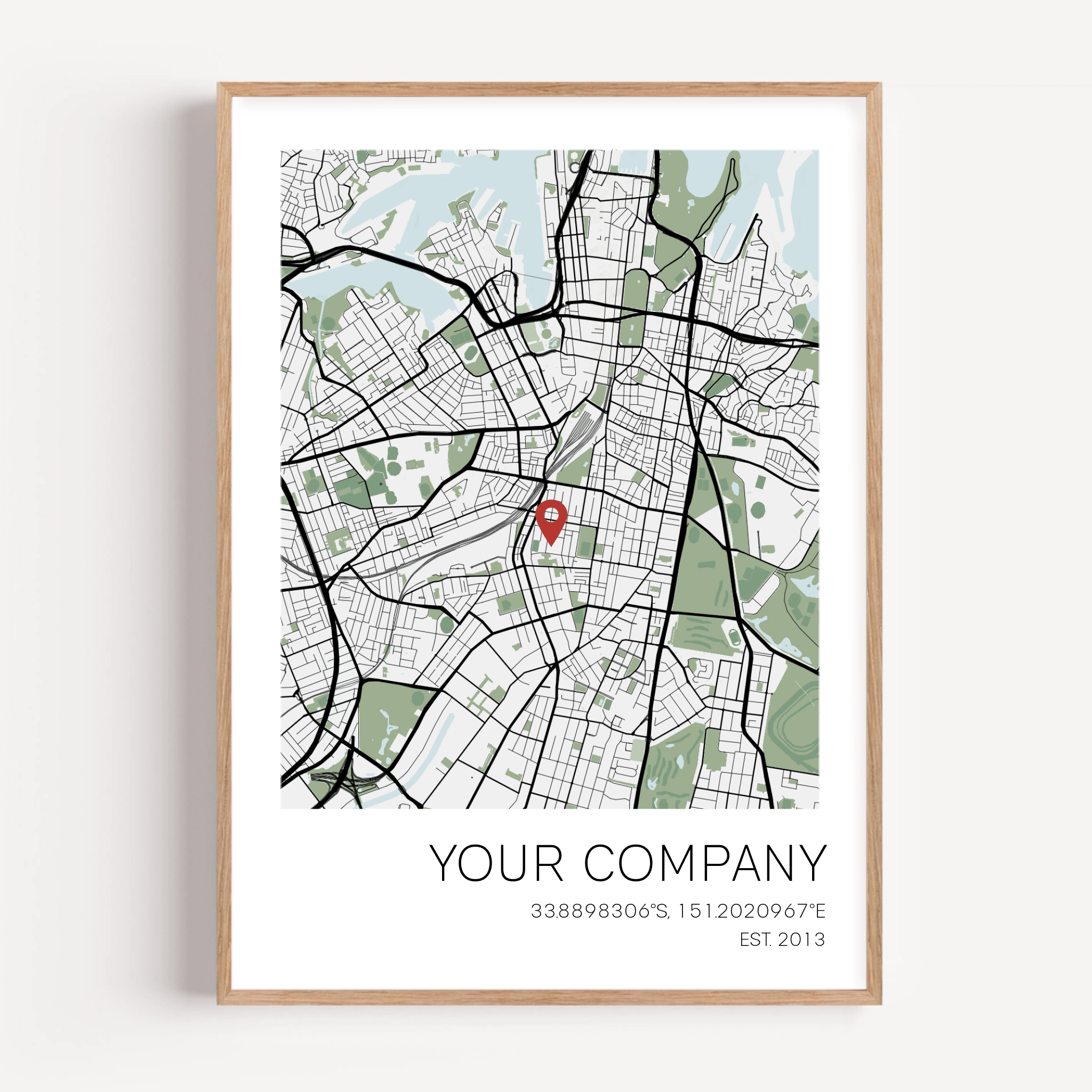 Company anniversary map print personalised with logo and founding year