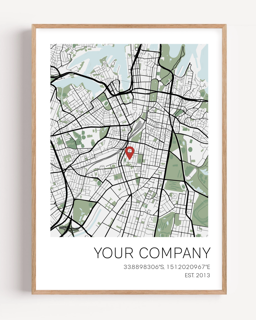 Personalised company anniversary artwork showcasing where the business started