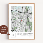 Company anniversary gift featuring a custom location map and business details and logo
