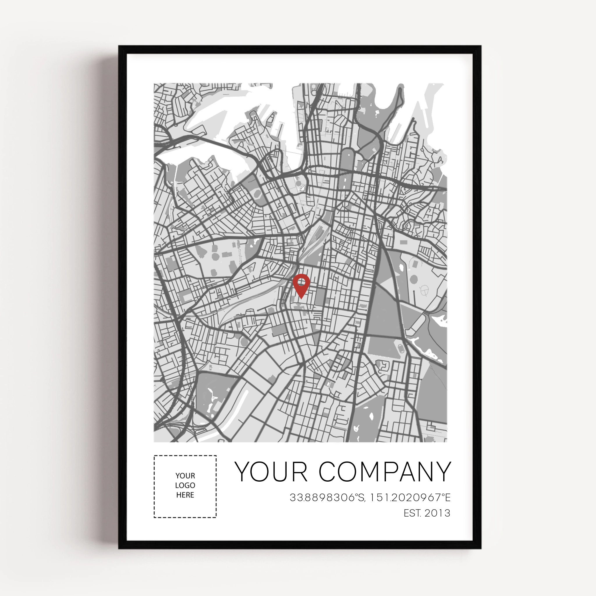 Executive business gift featuring a personalised company map print