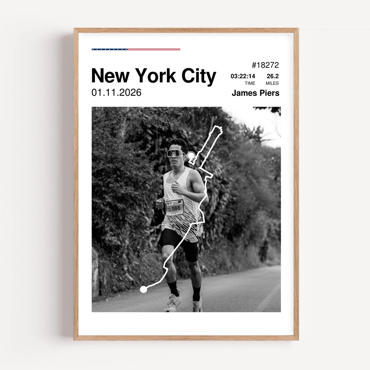 Custom New York City Marathon finisher poster featuring a personalized runner photo, a white route map overlay, personalized race stats, and USA flag colors.
