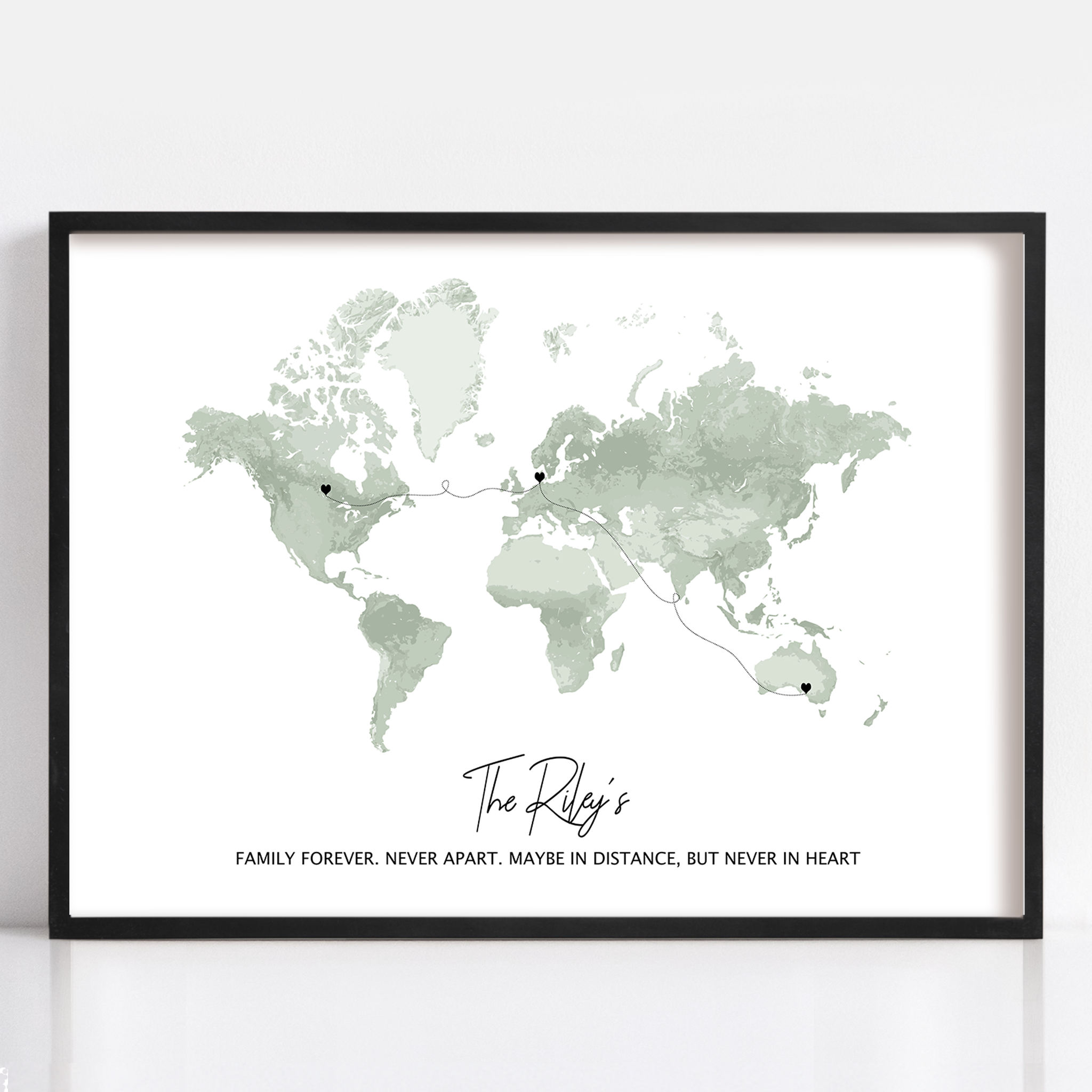 long distance custom gift framed map print with names and two locations for long distance relationship