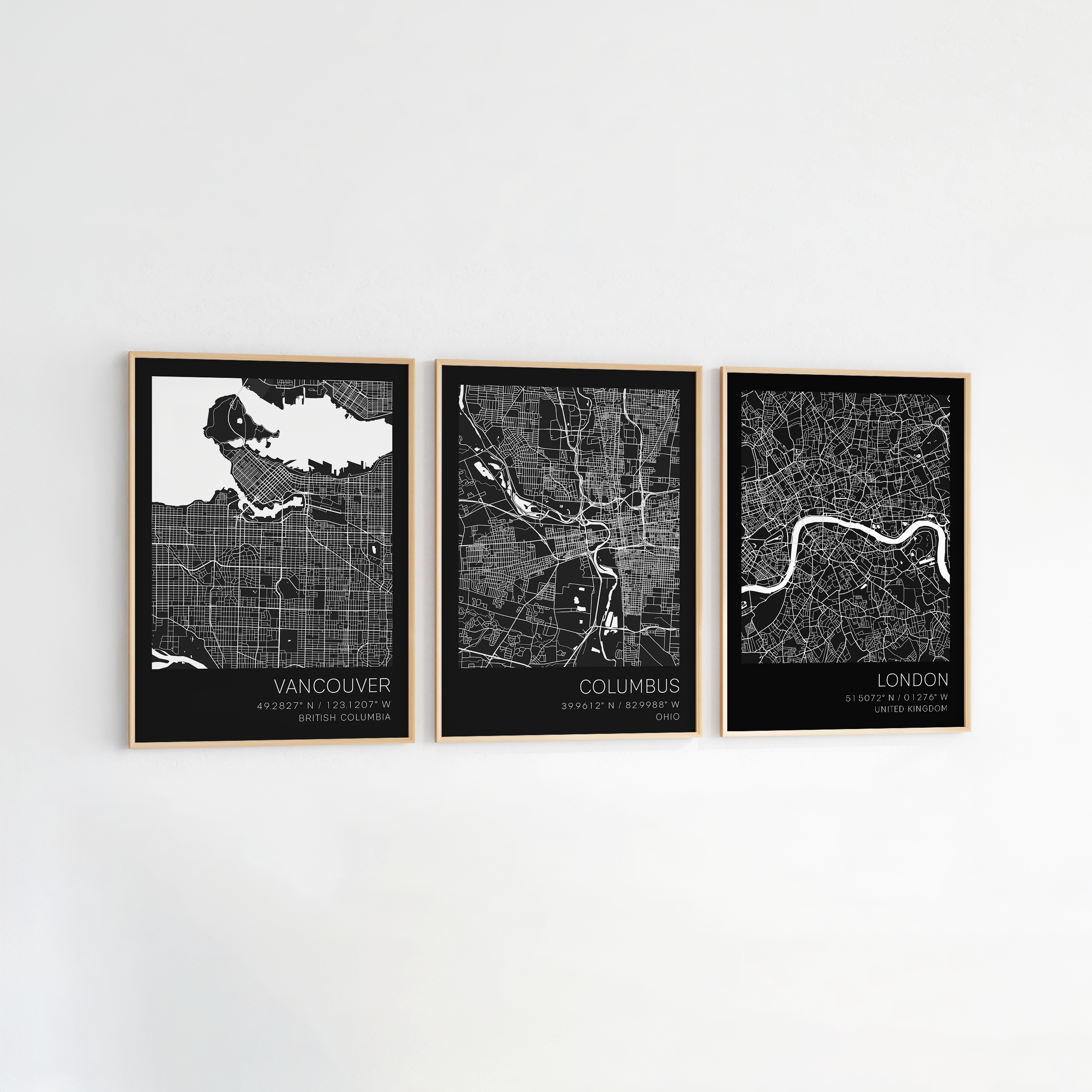 set of framed maps to show locations you have travelled or favorite places in the world. 