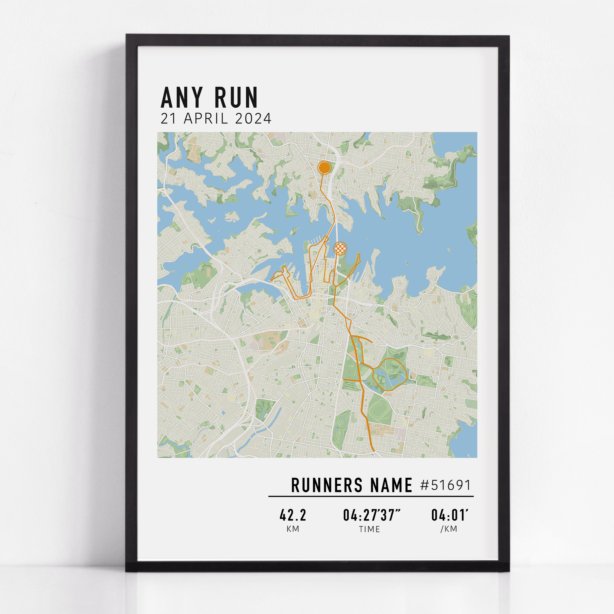 Custom running map poster showcasing a personalized route, created from GPX data. Ideal keepsake or gift for runners to celebrate achievements, training milestones, or memorable runs.