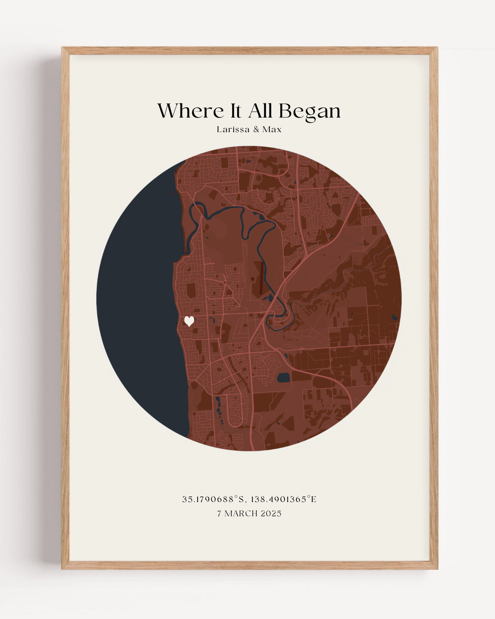 Personalized Where It All Began map print highlighting meaningful romantic location in clean minimalist wall art style
