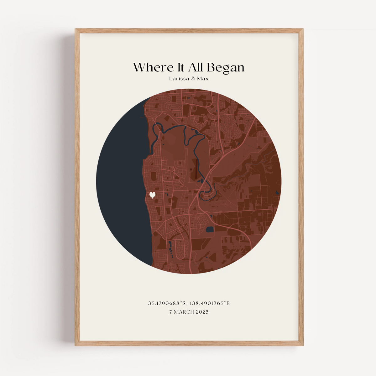 Personalized Where It All Began map print highlighting meaningful romantic location in clean minimalist wall art style