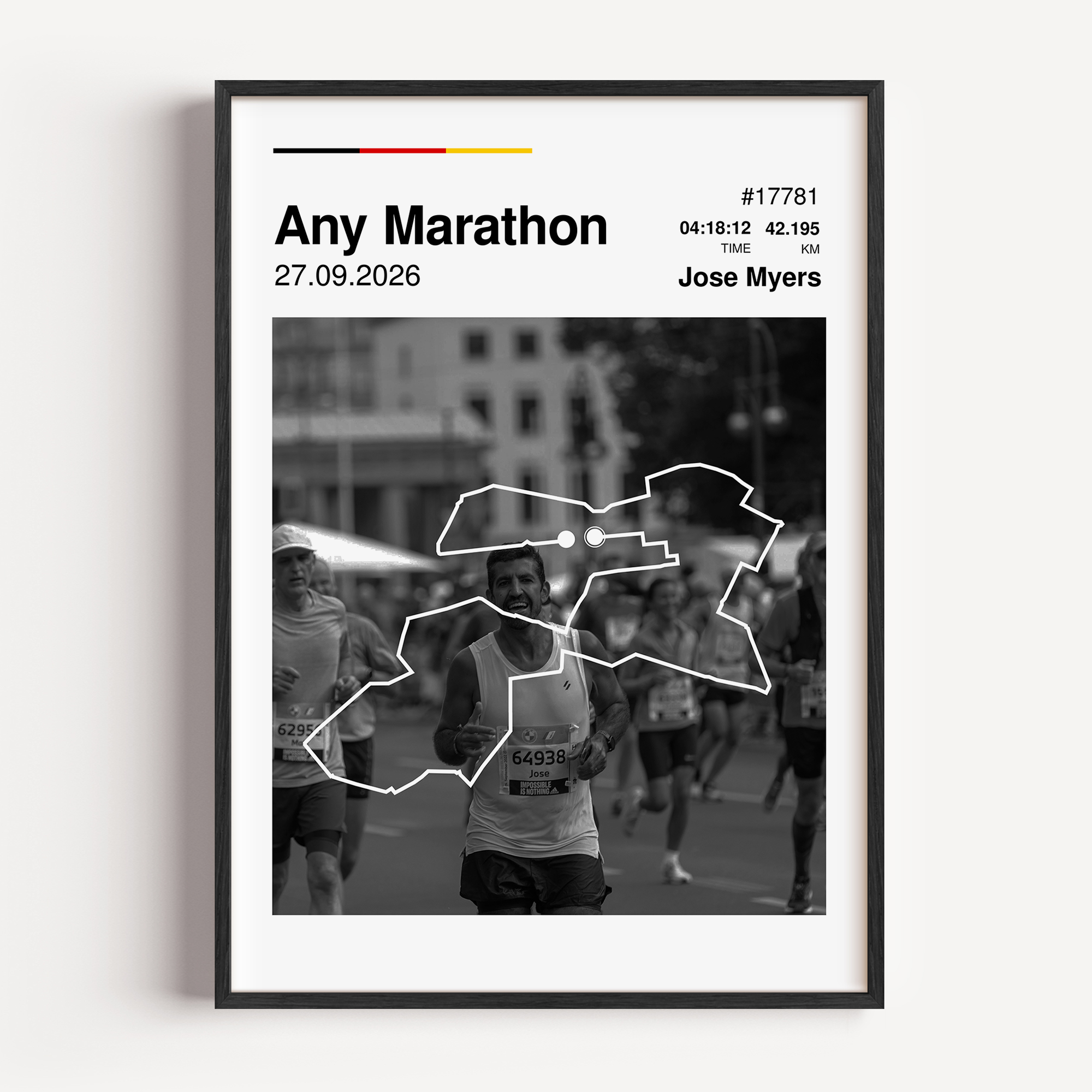 Custom Any Marathon finisher poster featuring a personalized runner photo, a white route map overlay, personalized race stats, and any flag colors.