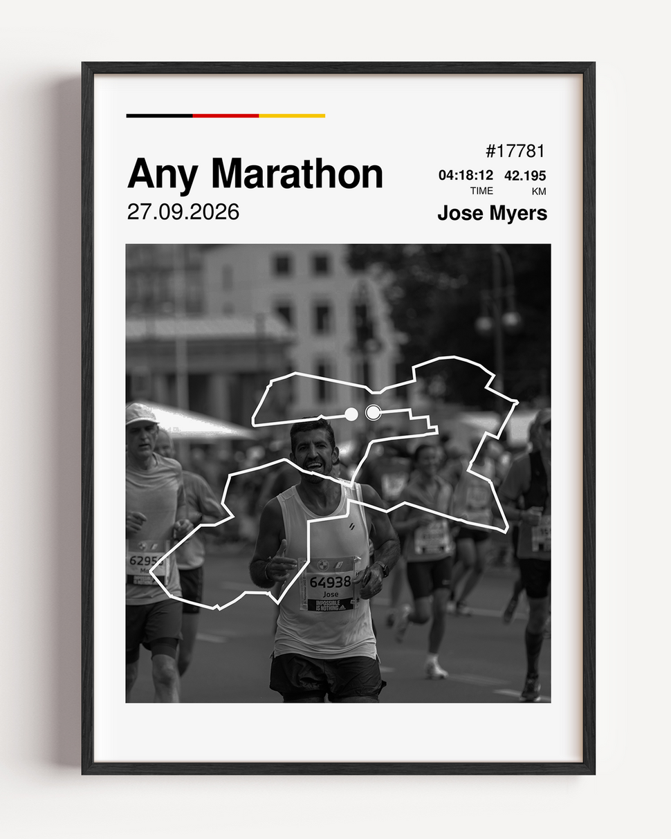 Custom Any Marathon finisher poster featuring a personalized runner photo, a white route map overlay, personalized race stats, and any flag colors.