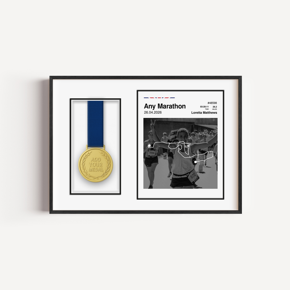 Cualquier recorrido de maratón y marco de exhibición de medallas fotográficas