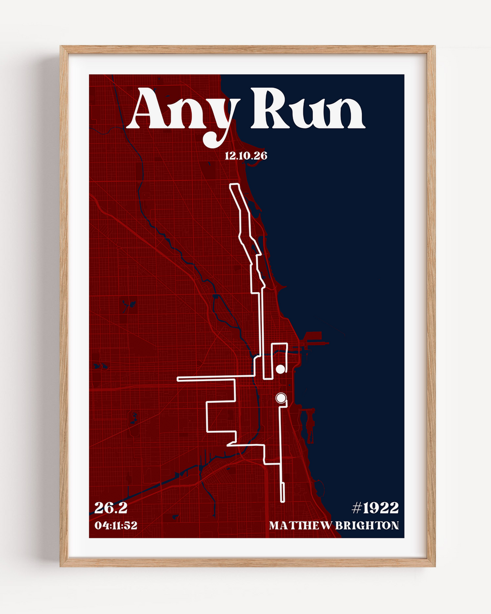 Any Marathon or Run course map print poster custom with the course, runner's name and bib number.