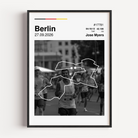 Custom Berlin Marathon finisher poster featuring a personalized runner photo, a white route map overlay, personalized race stats, and German flag colors.