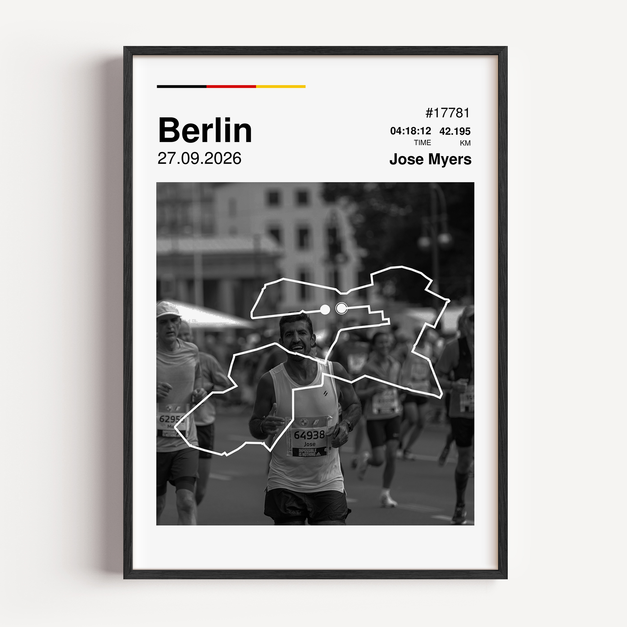 Custom Berlin Marathon finisher poster featuring a personalized runner photo, a white route map overlay, personalized race stats, and German flag colors.