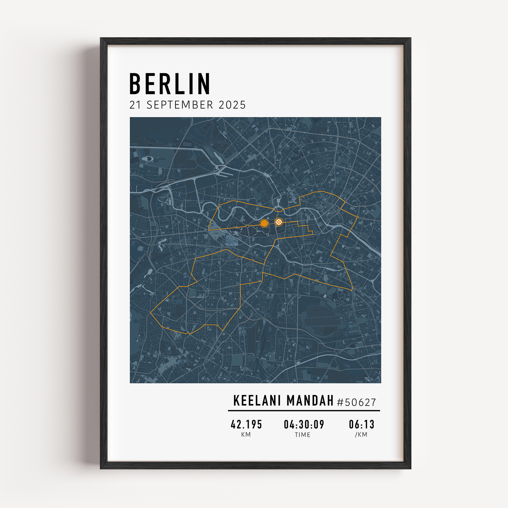 Custom Berlin Marathon map poster displaying the iconic race route, personalized with GPX data and designed as a keepsake for marathon finishers and runners.