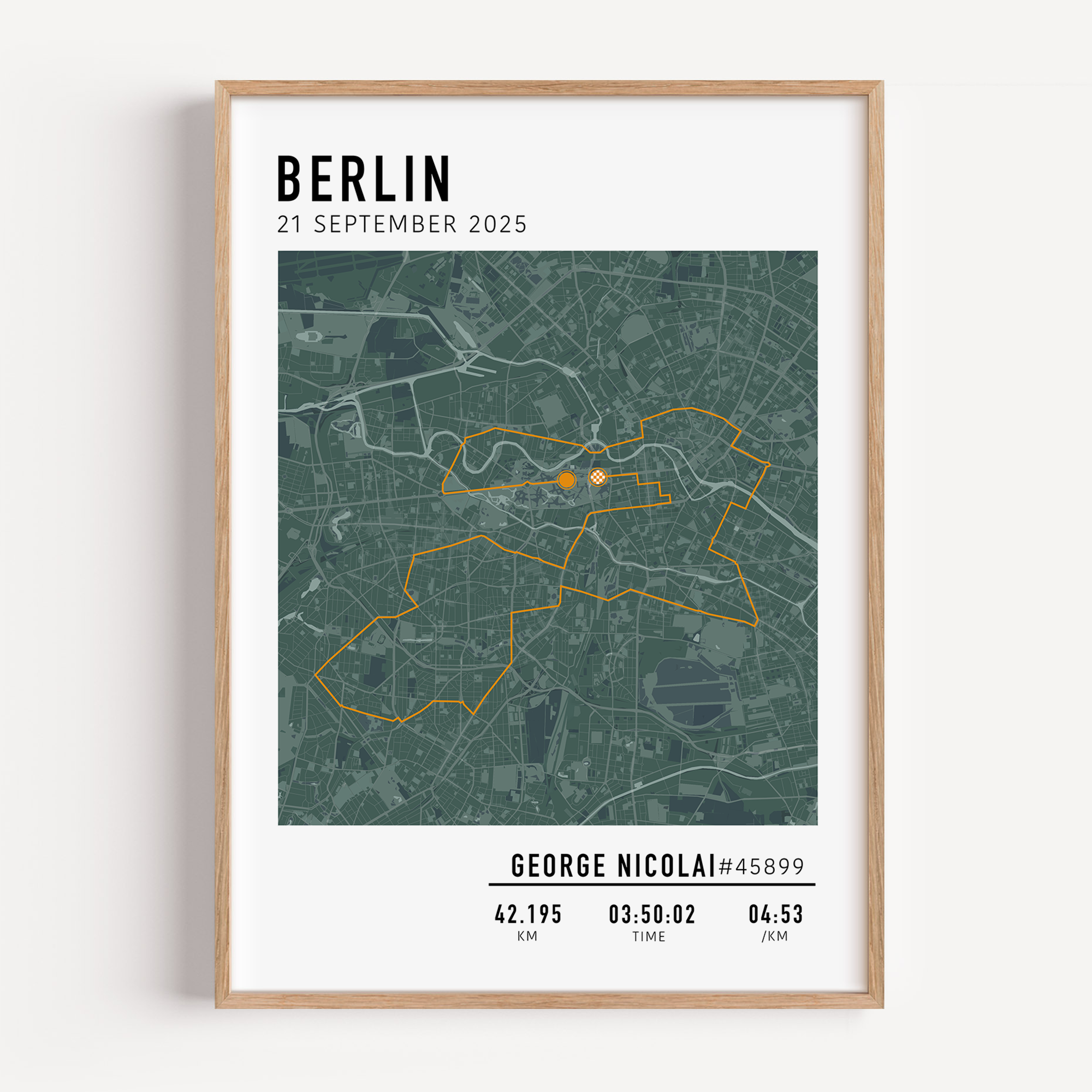 Custom Berlin Marathon map poster displaying the iconic race route, personalized with GPX data and designed as a keepsake for marathon finishers and runners.