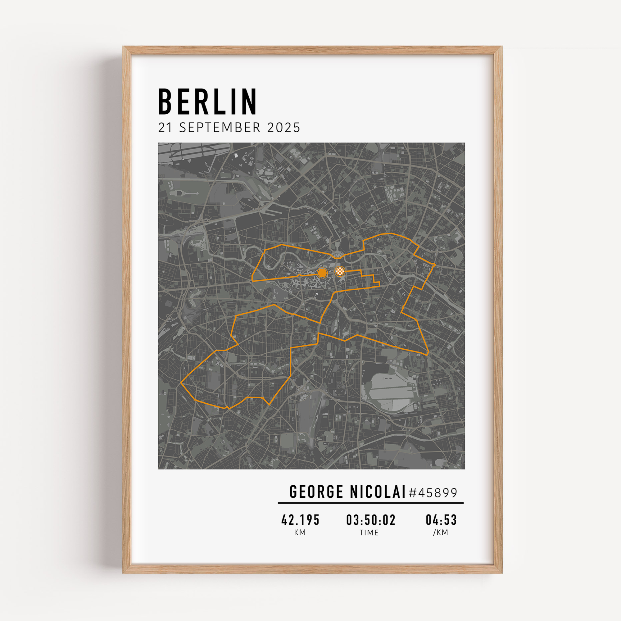 Custom Berlin Marathon map poster displaying the iconic race route, personalized with GPX data and designed as a keepsake for marathon finishers and runners.