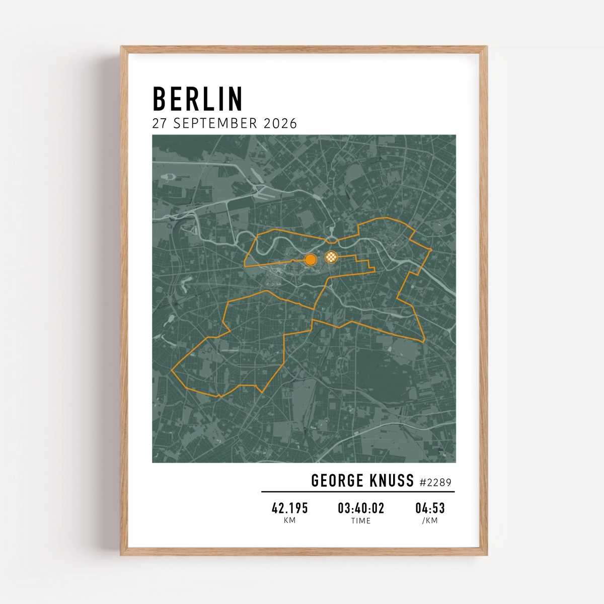 Custom Berlin Marathon map poster displaying the iconic race route, personalized with GPX data and designed as a keepsake for marathon finishers and runners.