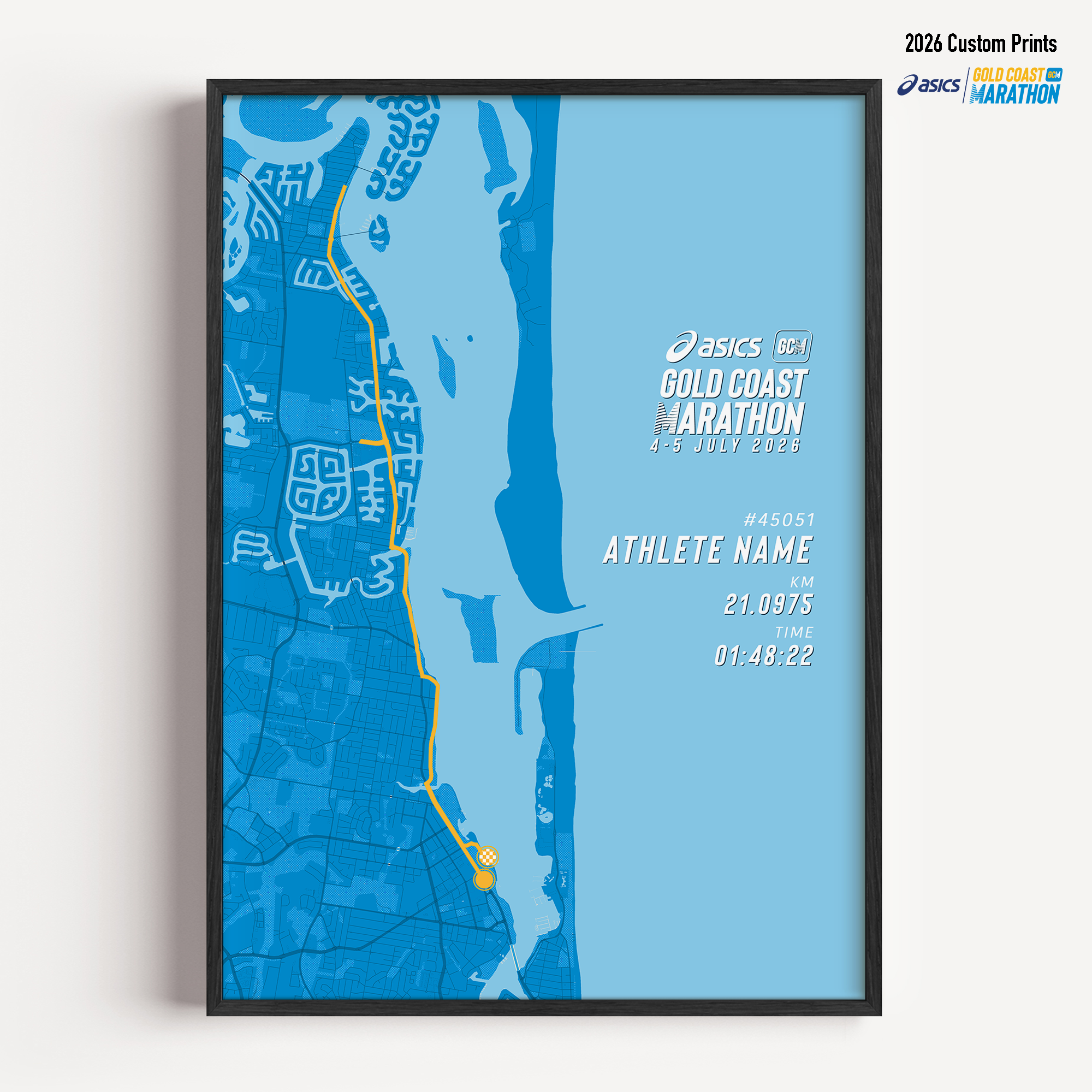 Framed Gold Coast Half Marathon 2026 personalised artwork displayed on a wall as home decor.