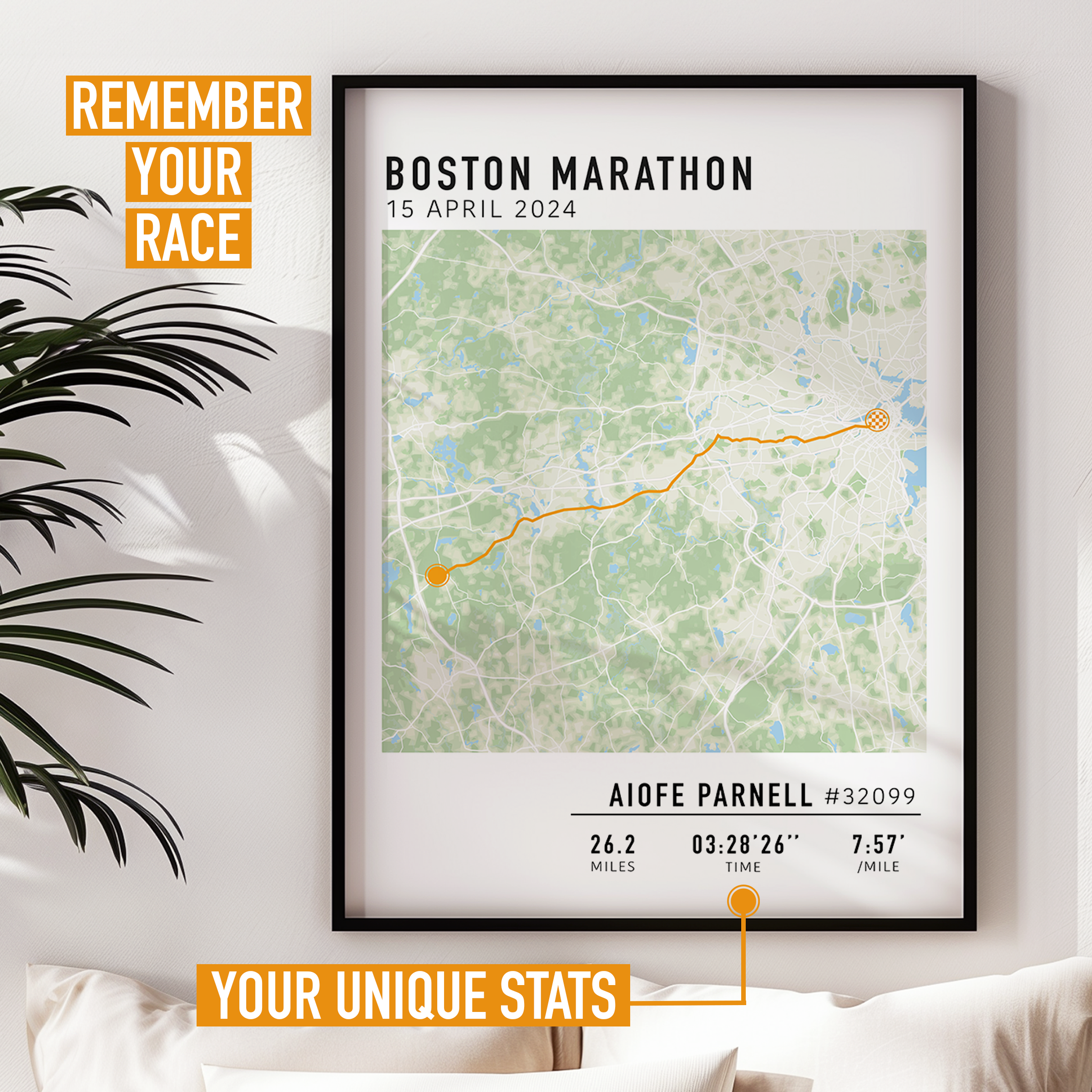 Boston Marathon custom map print with custom stats and runner gift name