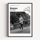 Custom Boston Marathon finisher poster featuring a personalized runner photo, a white route map overlay, personalized race stats, and USA flag colors.