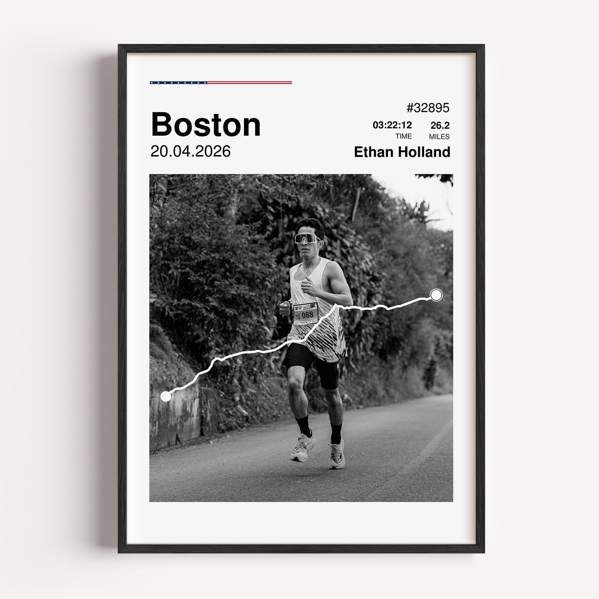Custom Boston Marathon finisher poster featuring a personalized runner photo, a white route map overlay, personalized race stats, and USA flag colors.