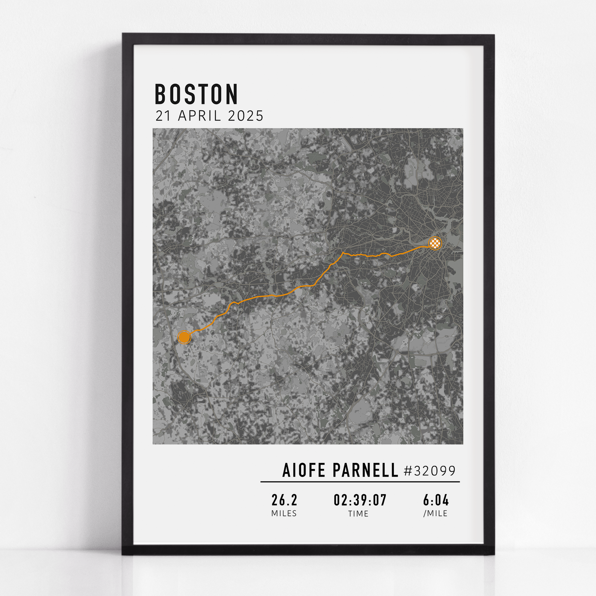 Boston Marathon route custom map print with custom stats and runner gift name