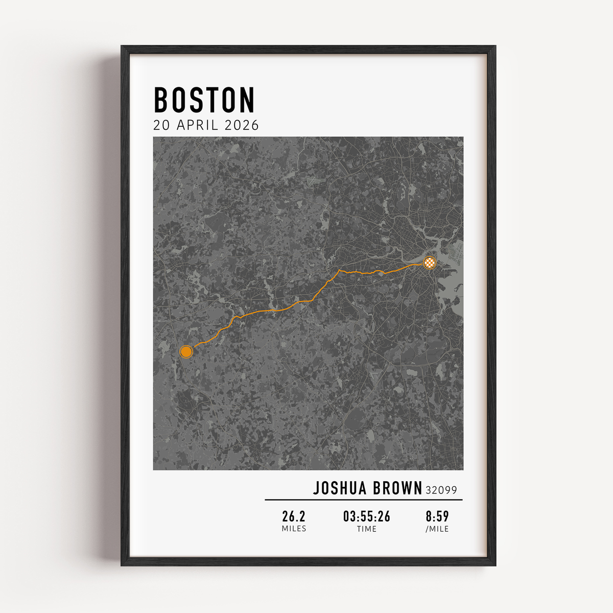 Boston Marathon route custom map print with custom stats and runner gift name