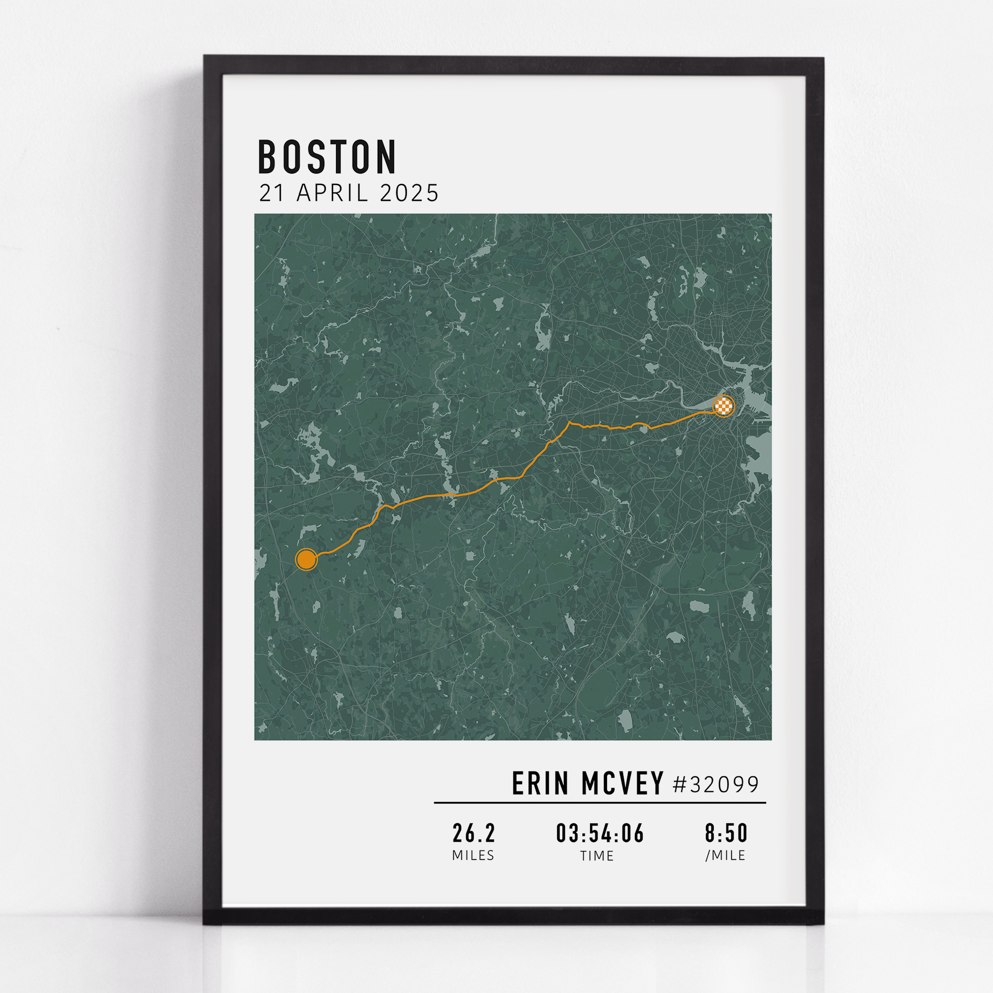 Boston Marathon route custom map print with custom stats and runner gift name
