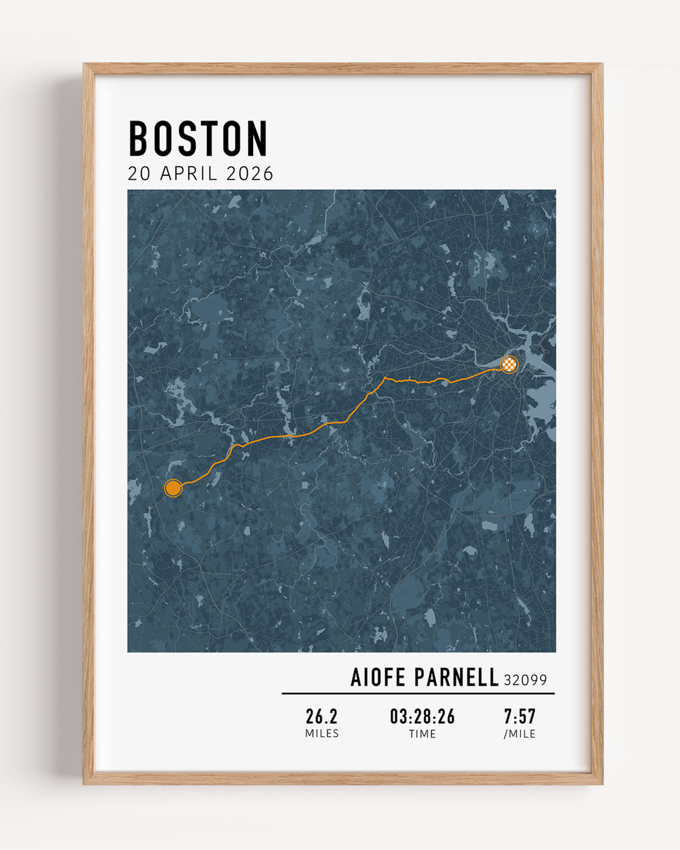Boston Marathon route custom map print with custom stats and runner gift name