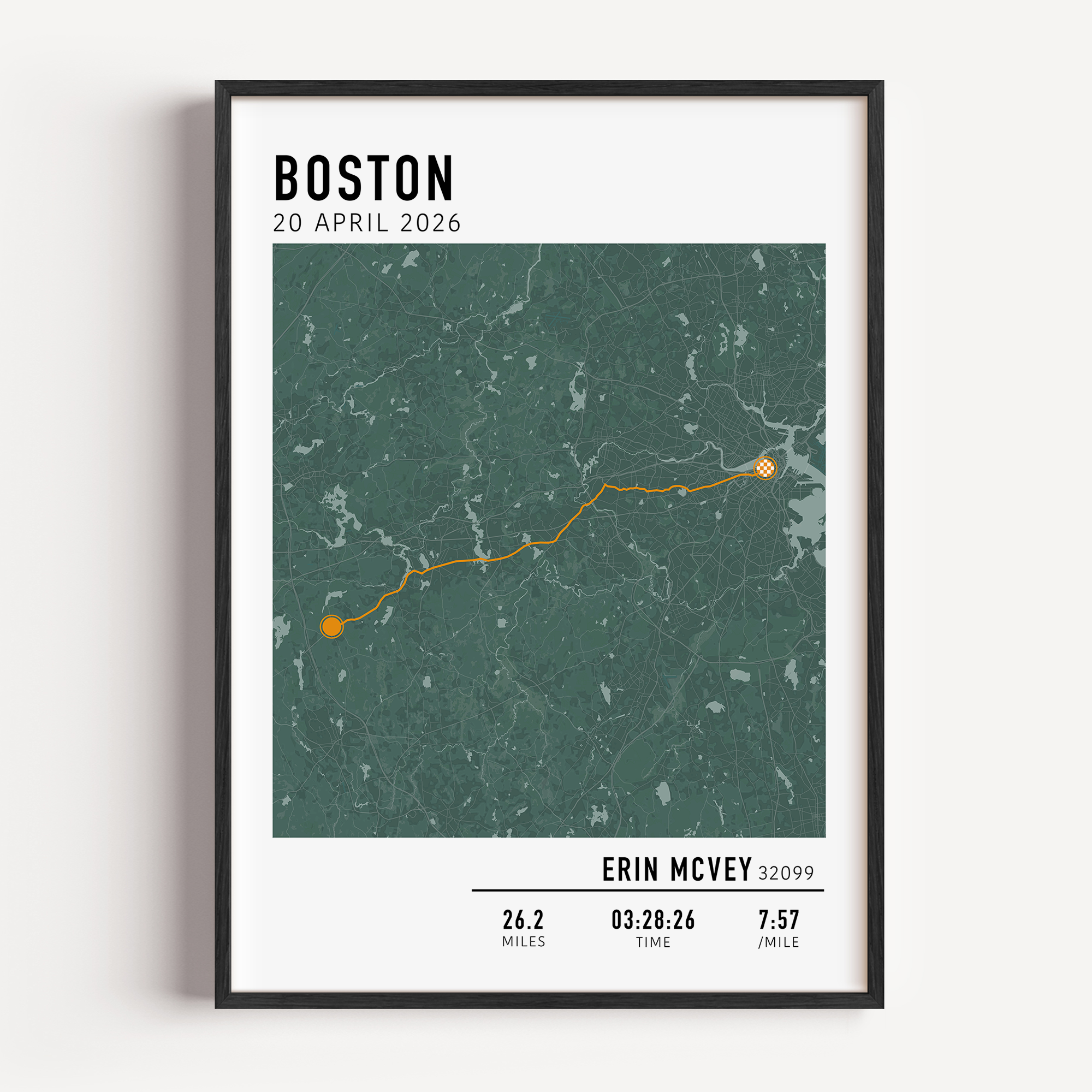 Boston Marathon route custom map print with custom stats and runner gift name