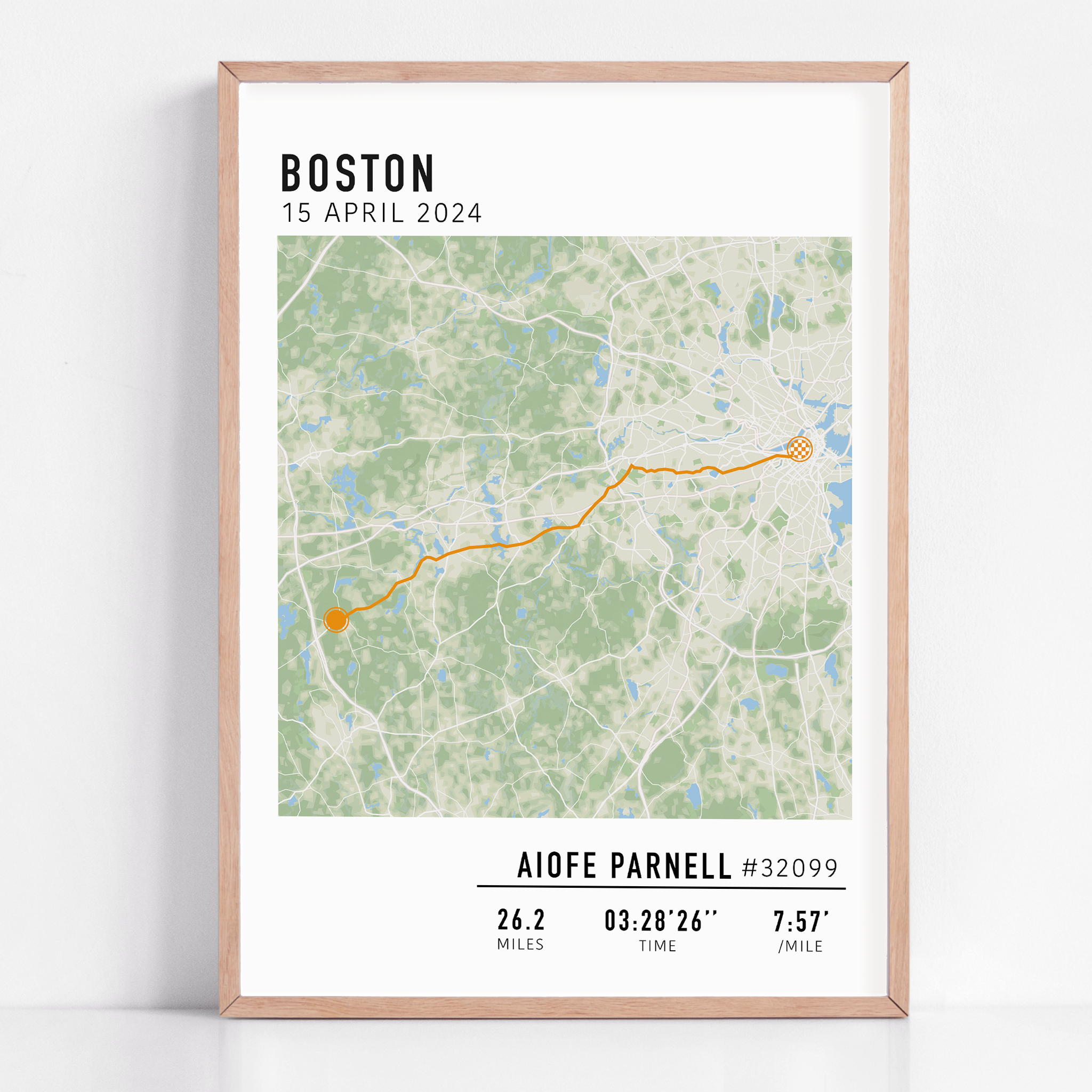 Boston Marathon route custom map print with custom stats and runner gift name