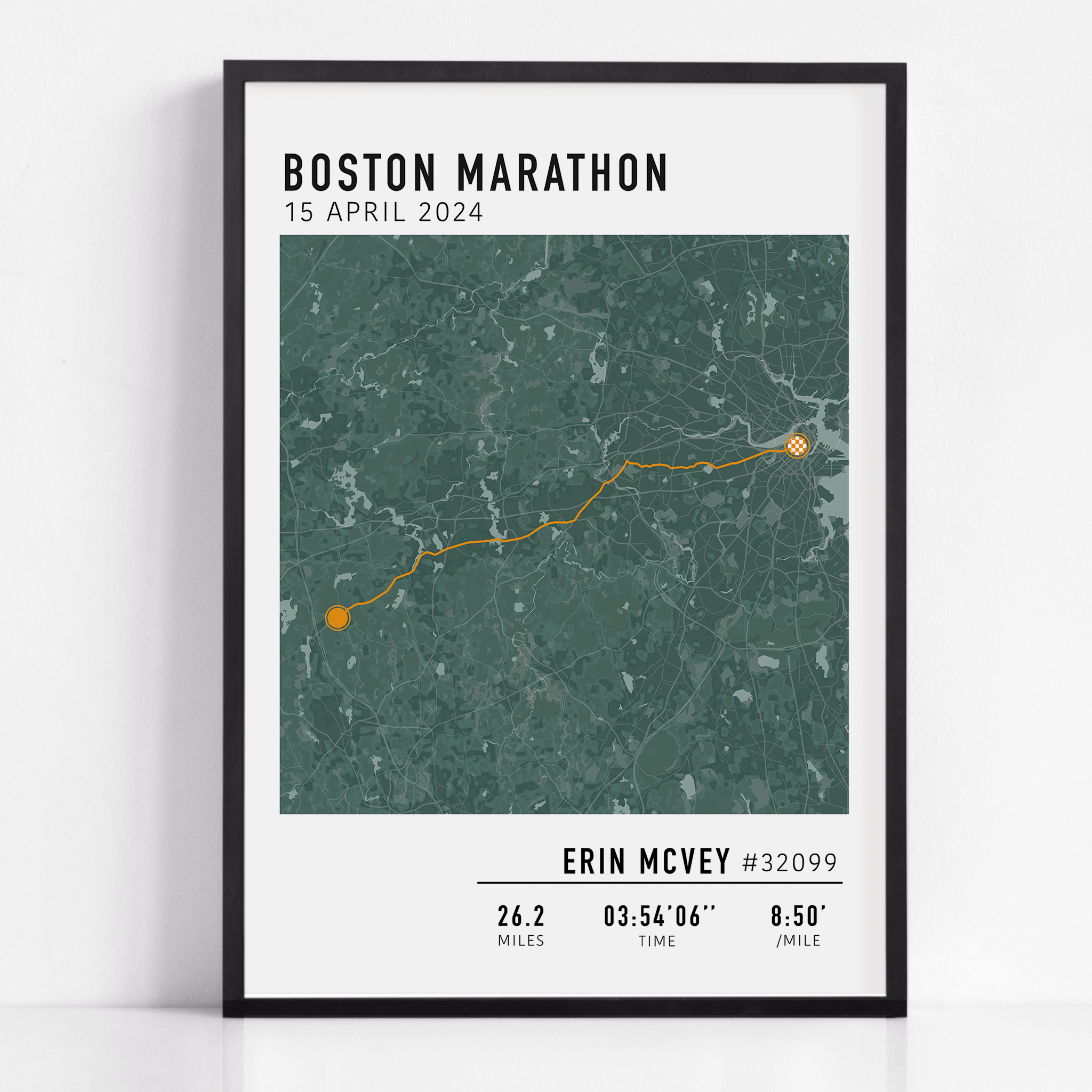 Boston Marathon custom map print with custom stats and runner gift name