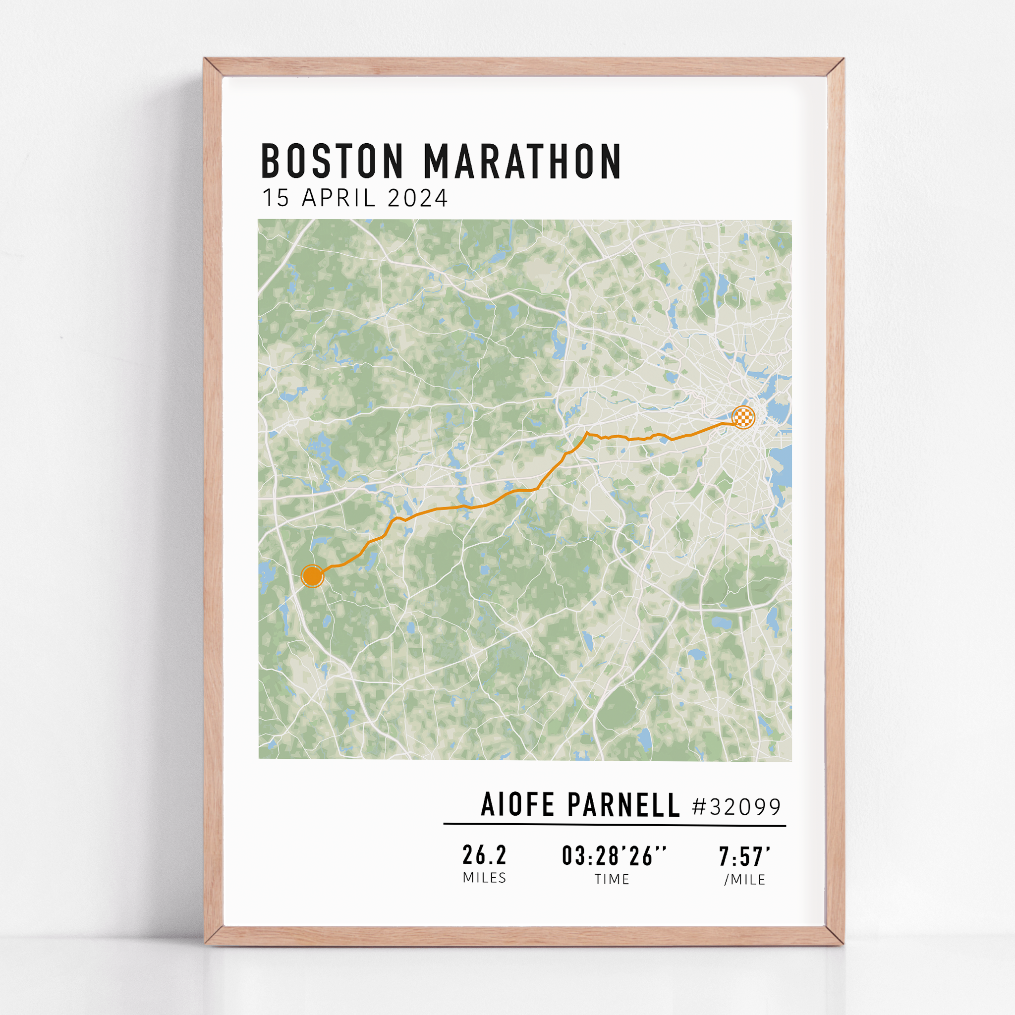 Boston Marathon custom map print with custom stats and runner gift name