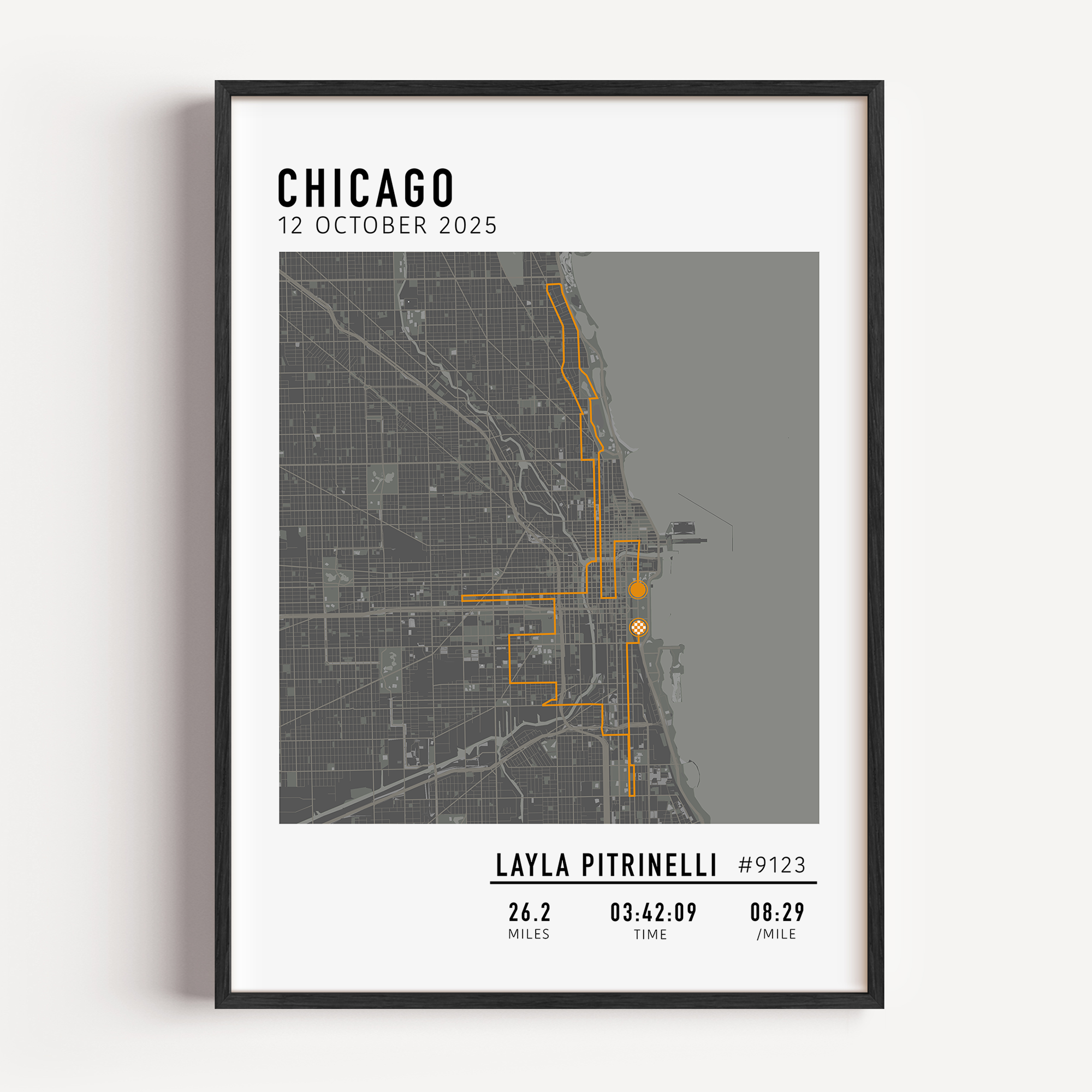 Custom Chicago Marathon map poster showcasing the iconic race route, personalized with GPX data. Ideal keepsake or Chicago Marathon route gift for finishers and runners to celebrate their race achievements.
