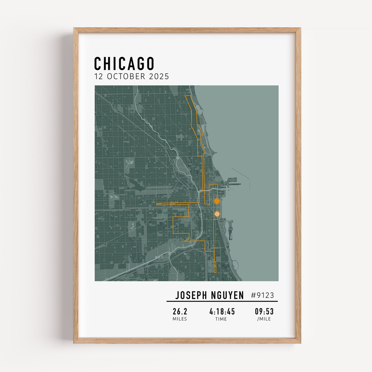 Custom Chicago Marathon map poster showcasing the iconic race route, personalized with GPX data. Ideal keepsake or Chicago Marathon route gift for finishers and runners to celebrate their race achievements.