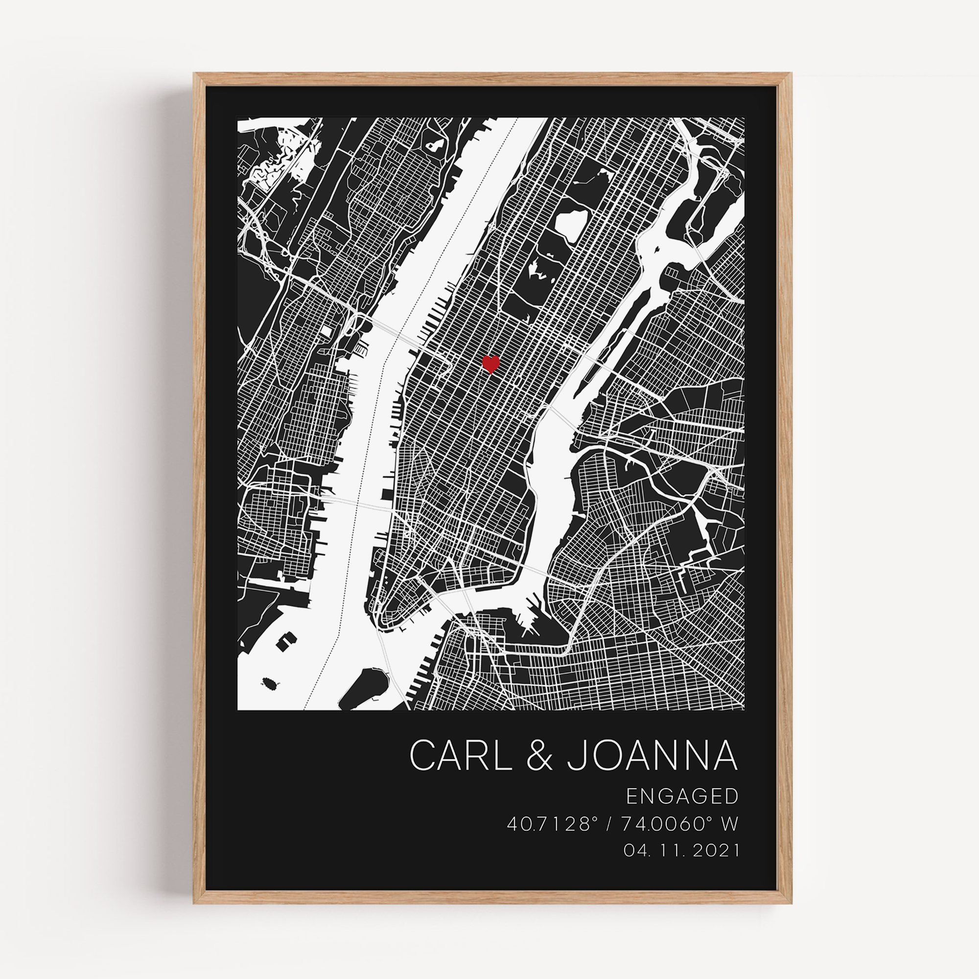 Custom engagement gift: modern city map print with red heart location marker, framed and personalized with names and proposal date in sleek typography