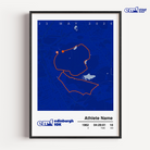 Official Edinburgh 10k commemorative print featuring a vibrant blue background and the official event logo, showcasing a detailed custom route map to celebrate your 10-kilometre achievement.