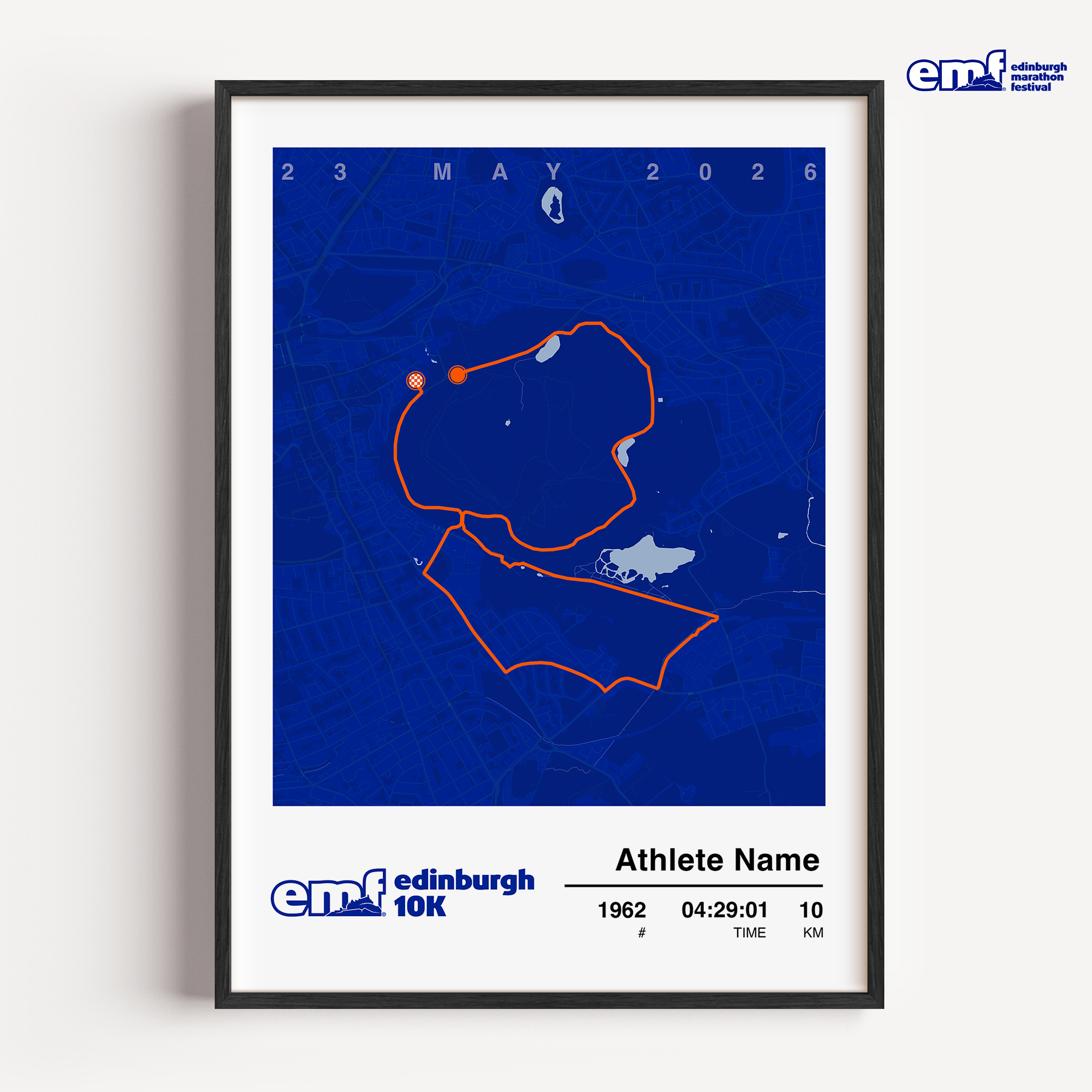 Official Edinburgh 10k commemorative print featuring a vibrant blue background and the official event logo, showcasing a detailed custom route map to celebrate your 10-kilometre achievement.