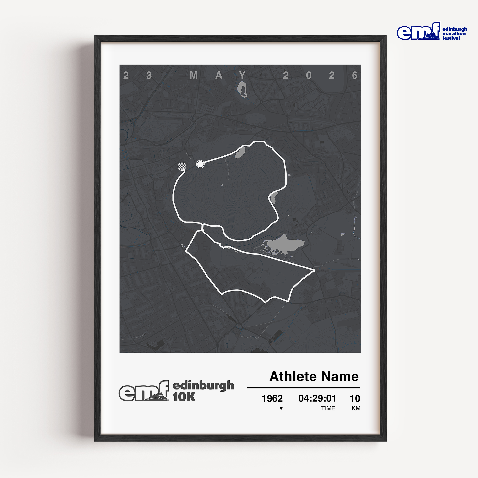 Sophisticated grey Edinburgh 10k custom print, an official merchandise piece featuring the race course map and official logo for a minimalist and modern milestone memento.