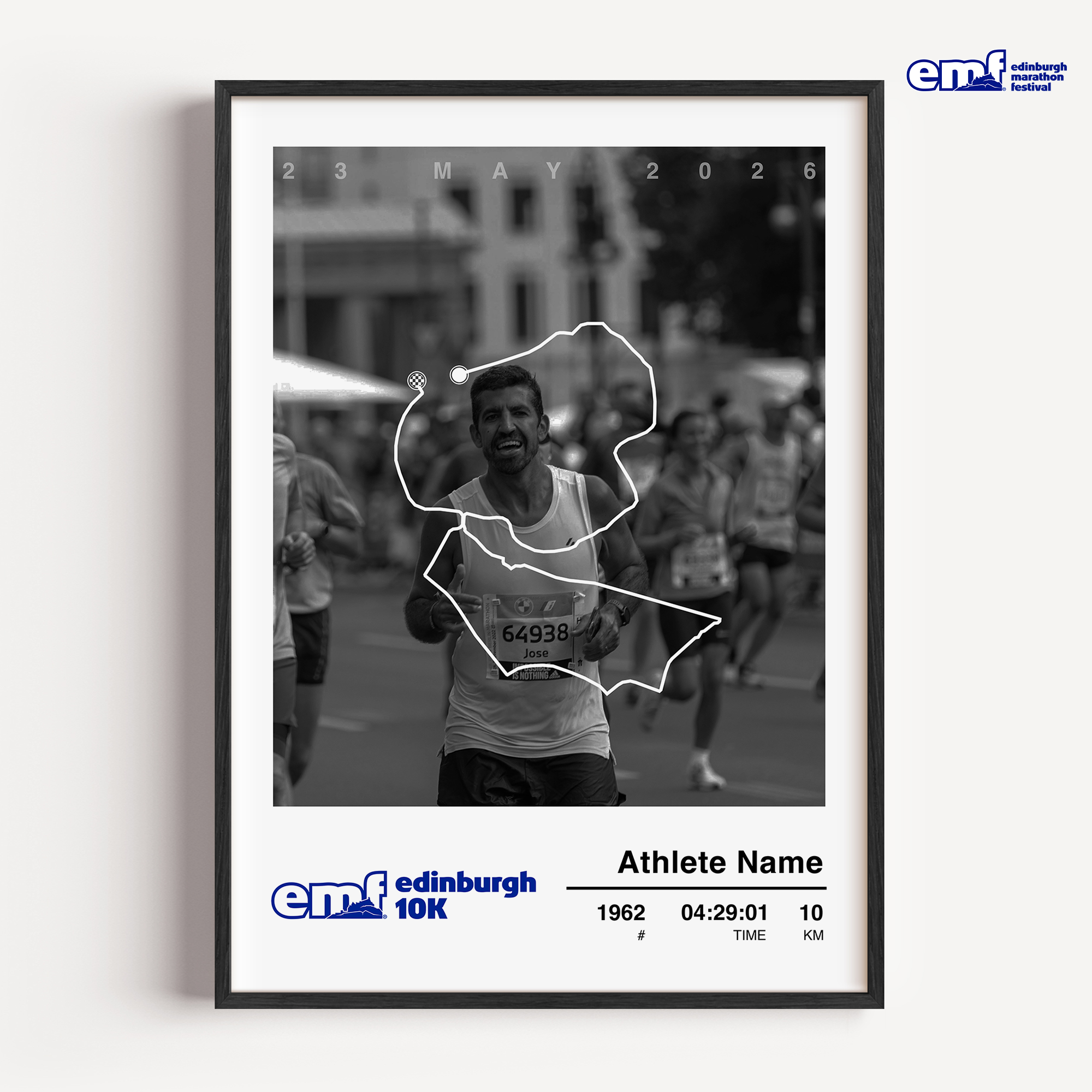 A stylish framed Edinburgh Marathon 10k memento featuring the race course map and a dedicated space for a personal finisher photo and race bib details.