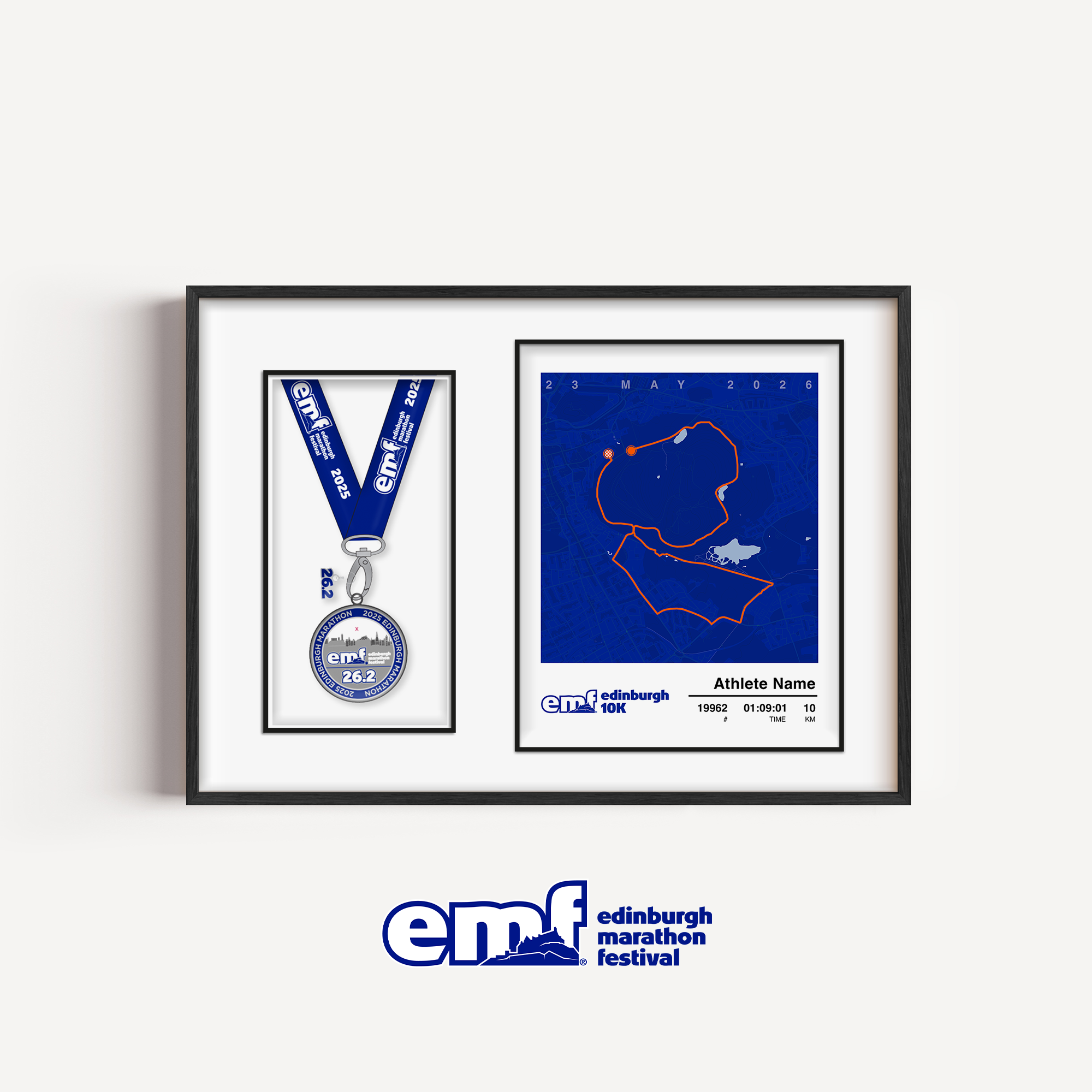 Official Edinburgh 10k medal display frame with a blue background and official logo, designed with a custom route map and a dedicated aperture to mount your finisher's medal.