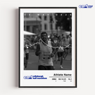 A personalised framed edinburgh marathon photo print displaying the 21.1km course route from the city centre to Musselburgh, including a custom finisher photo and runner statistics.