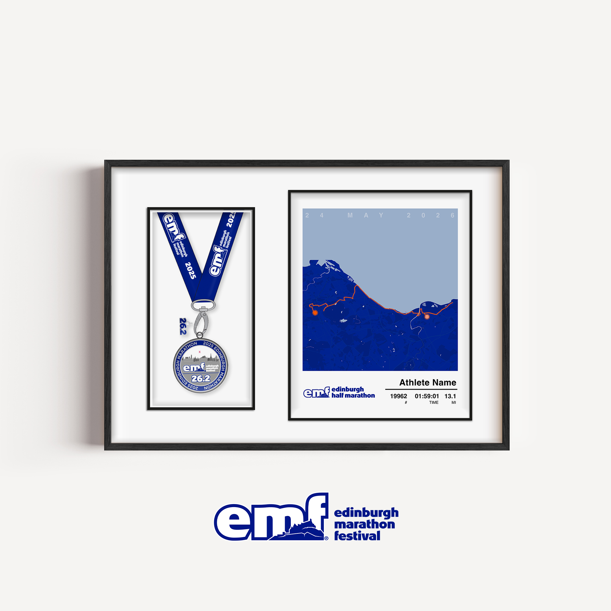 Official Edinburgh Half Marathon medal display frame with a blue background and official logo, designed with a custom route map and a dedicated aperture to mount your finisher's medal.
