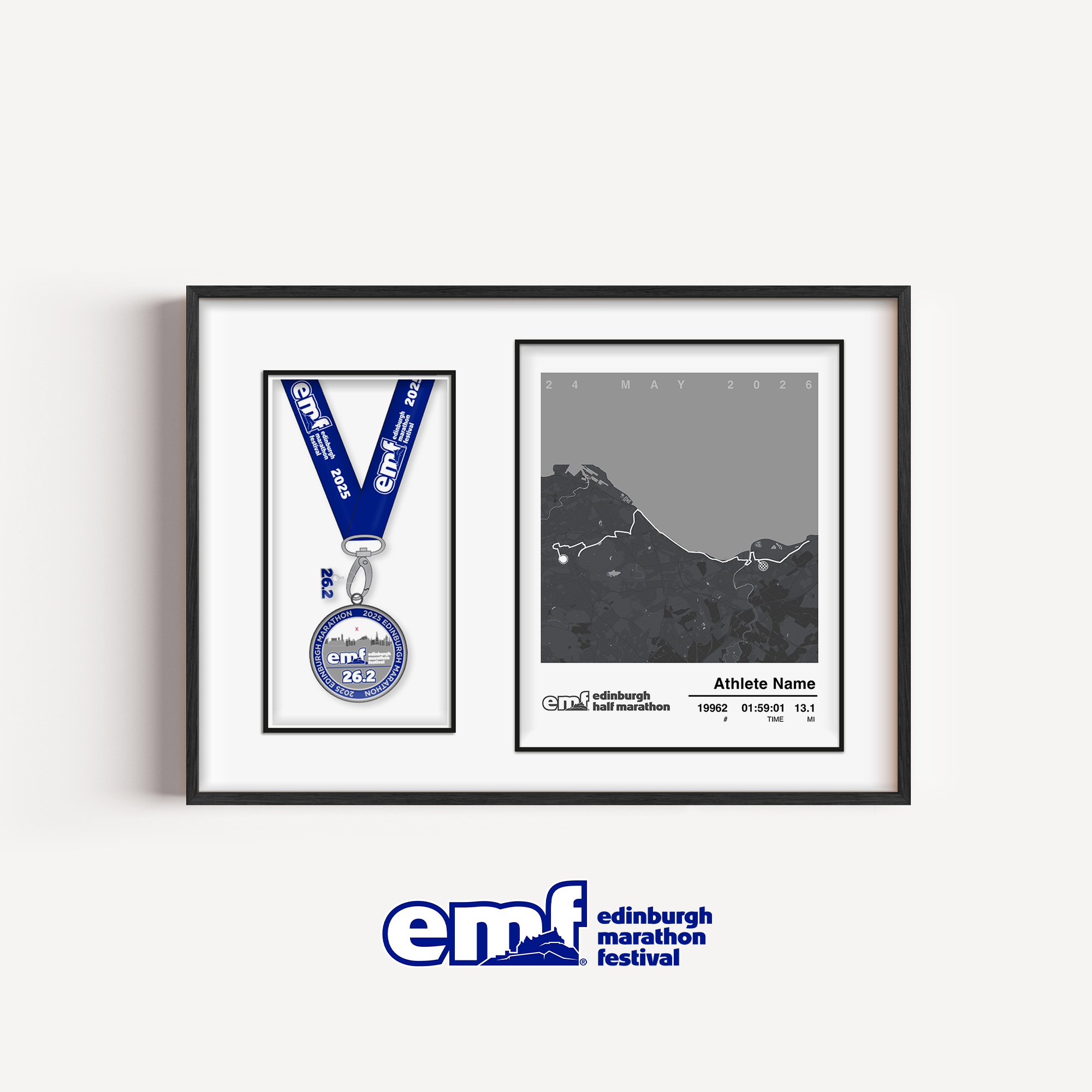 Official merchandise Edinburgh Half Marathon medal frame featuring a sleek grey design, the official race logo, and a custom map alongside a precision-cut space for your half marathon medal.