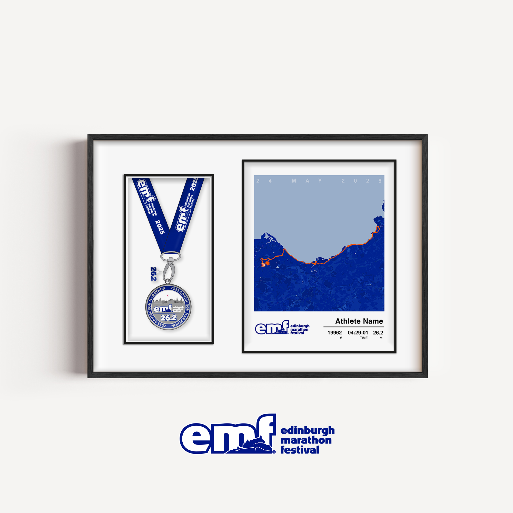 Official Edinburgh Marathon medal display frame with a blue background and official logo, designed with a custom route map and a dedicated aperture to mount your finisher's medal.