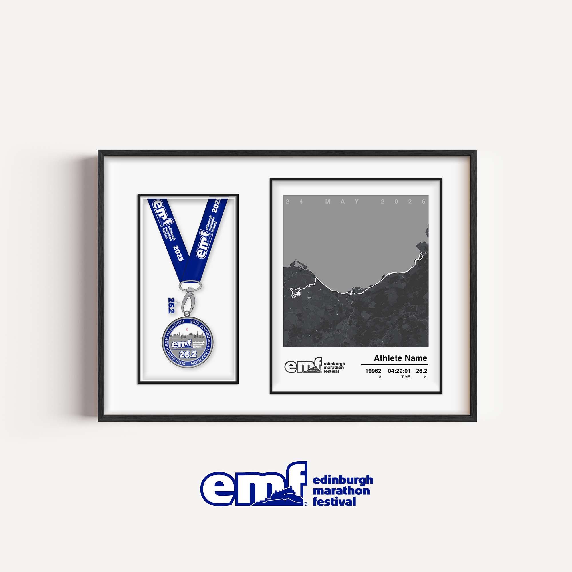 Official merchandise Edinburgh Marathon medal frame featuring a sleek grey design, the official race logo, and a custom map alongside a precision-cut space for your medal.