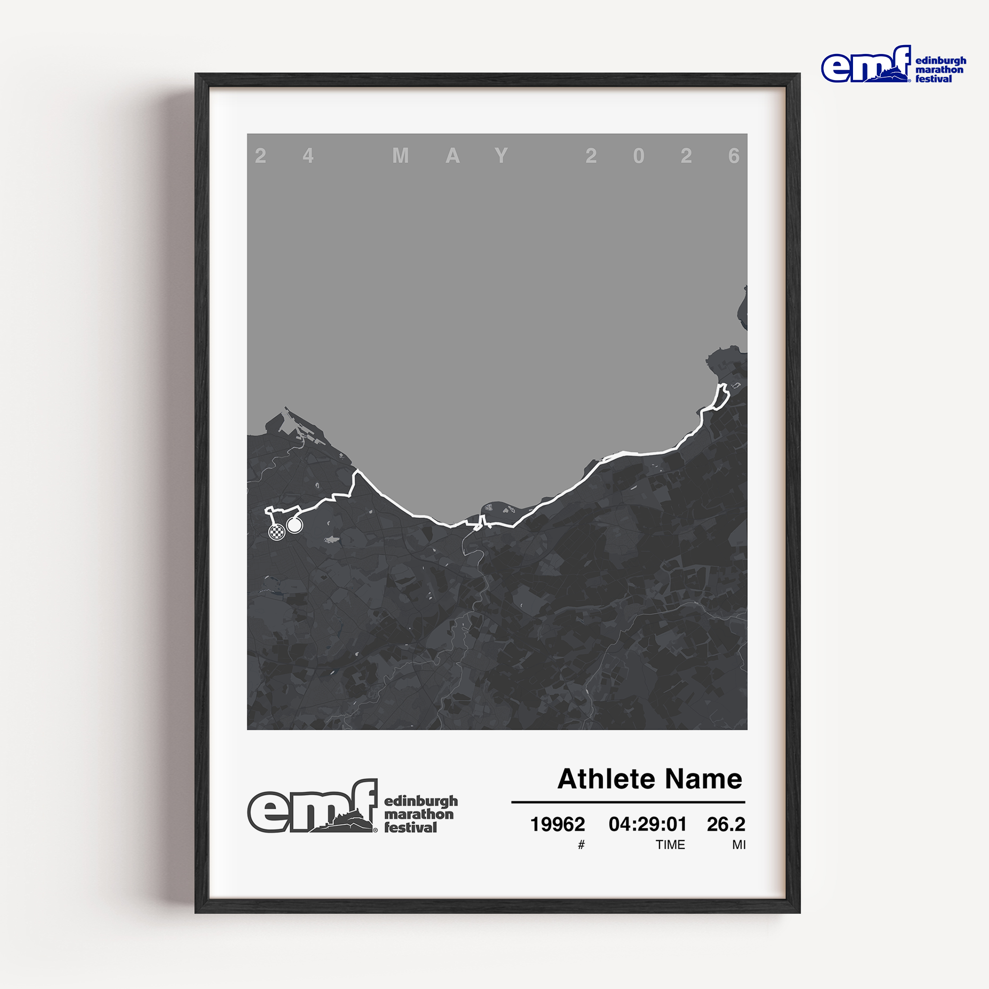 Sophisticated grey Edinburgh Marathon custom print, an official merchandise piece showcasing the race course and official logo for a minimalist milestone memento.