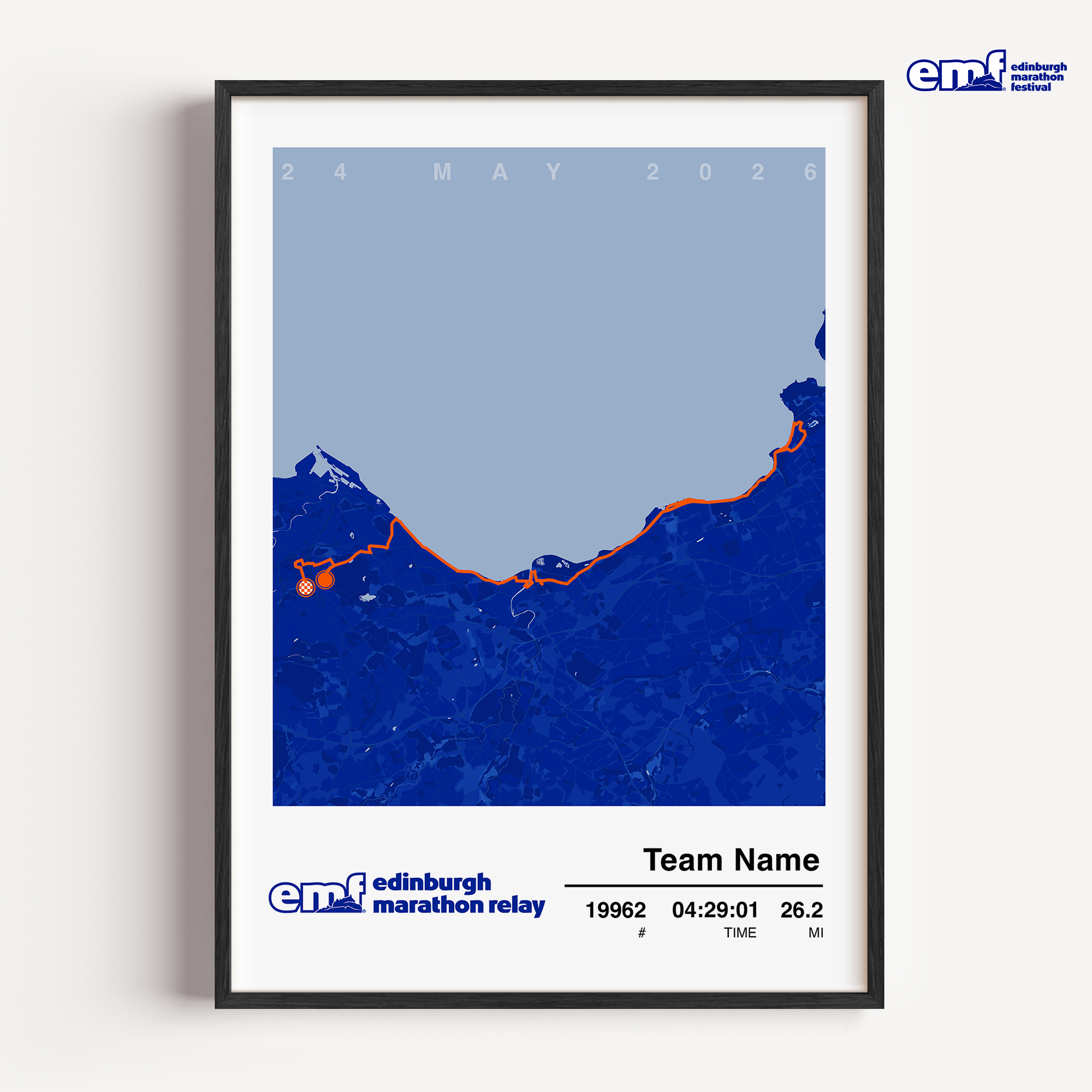 Official Edinburgh Marathon Relay custom artwork with a blue background and official logo, celebrating team success with a detailed map of the relay course.