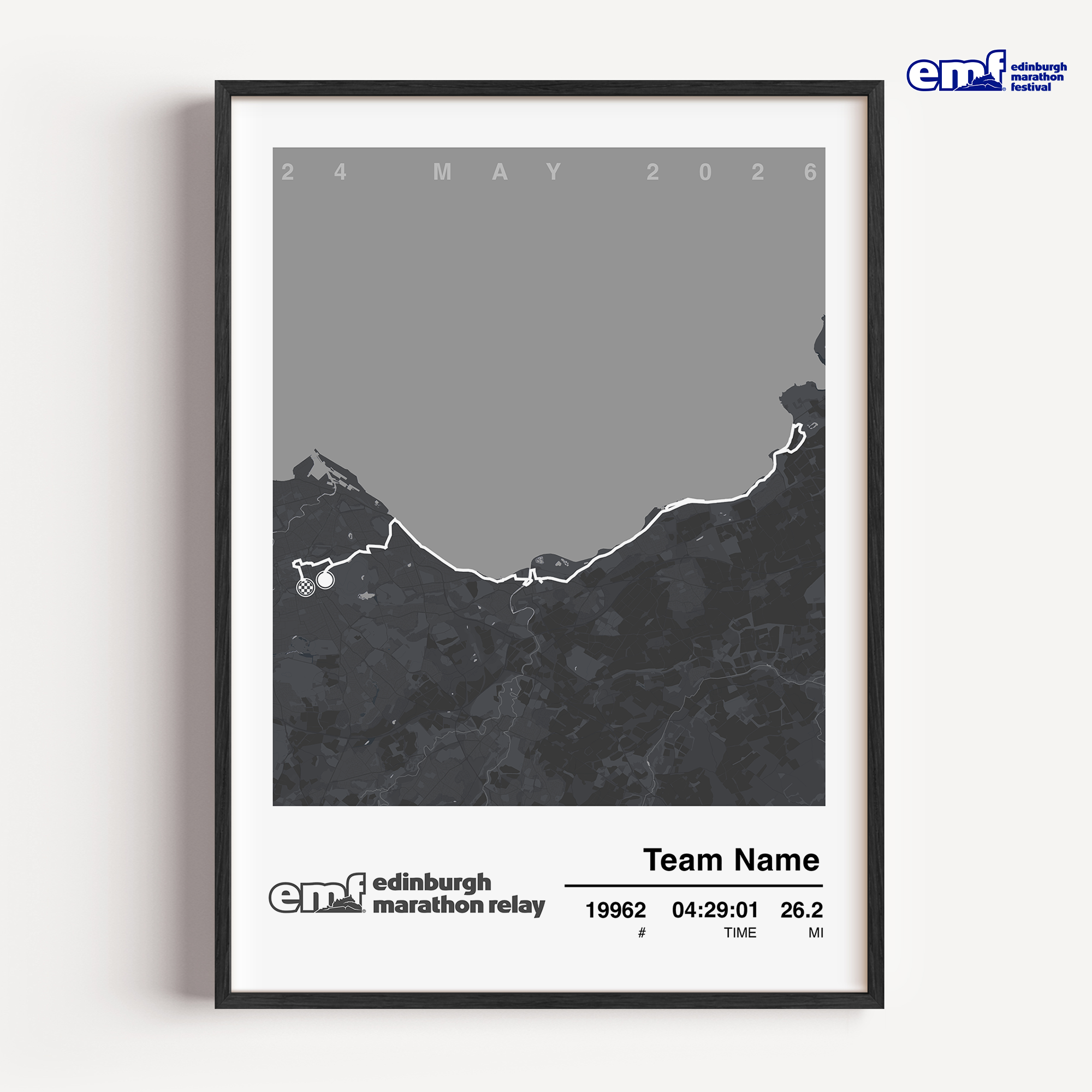 Official Edinburgh Marathon Relay commemorative print in grey, featuring the official event branding and a custom map of the relay route for a timeless team keepsake.