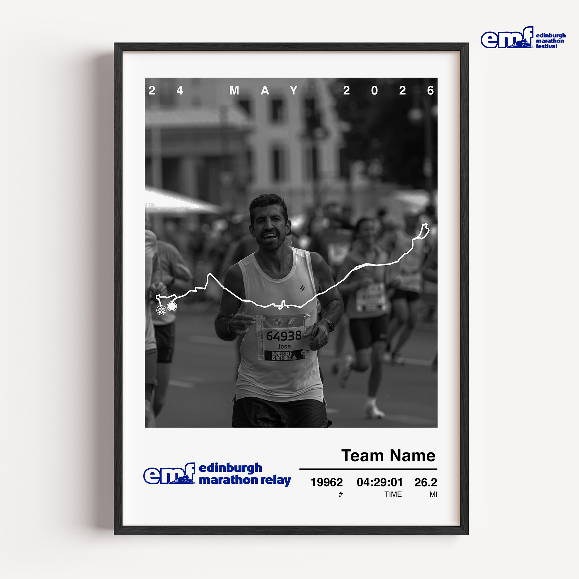 edinburgh marathon relay official print 2026 with finisher photo eaturing a detailed map of the 42.2km Edinburgh Marathon route, a personal race-day photograph, and the participant's official finish time and name.